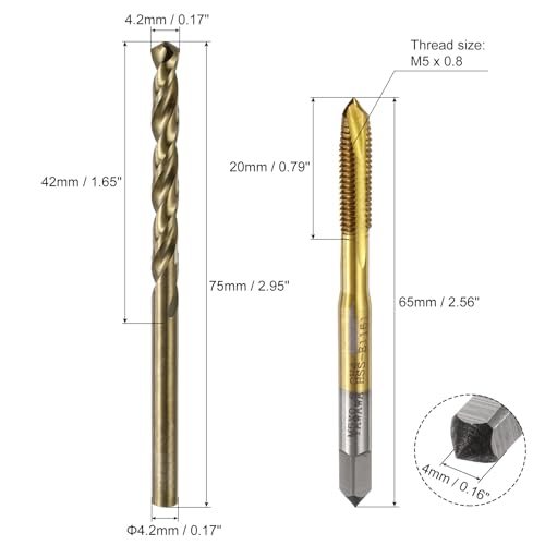 uxcell Metric Tap & Drill Bit Set, 2pcs M5 x 0.8 Spiral Point Thread Taps Titanium Coated and 2pcs 4.2mm Twist Drill Bits Roasted Yellow, Screw Tapping Threading Tools - size: M5 x 0.8 + 4.2mm