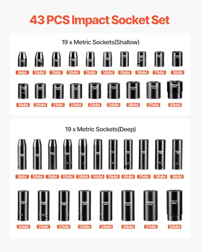VEVOR Impact Socket Set, 1/2 Inches 43 Piece Impact Sockets, 1/2 Inches Drive Socket Set, High-torque Standard Socket Assortmen with 4 Extension Bars, 6-Point Sockets Metric 9-30mm (Standard/Deep) - size: 1/2" 43 PCS