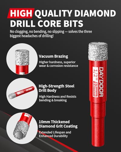DAYDOOR Dry Diamond Drill Bits, 3/16" 1/4" 5/16" 3/8" 1/2" Tile Drill Bits - size: 3/16", 1/4", 5/16", 3/8", 1/2"