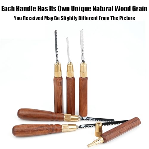 TOOLCOOL Wooden Handle Mini Hand Saw Small Jig Saw With 5 Pcs Fine Coarse Teeth Jigsaw Blades Woodworking Tools for Wood Cutting and Tree Branch Trimming (Round Handle)