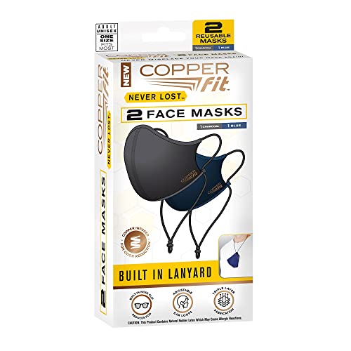 Copper Fit Unisex Never Lost Face Masks for Adults, Reusable Washable Fabric Mask, Copper Infused , 2 Pack