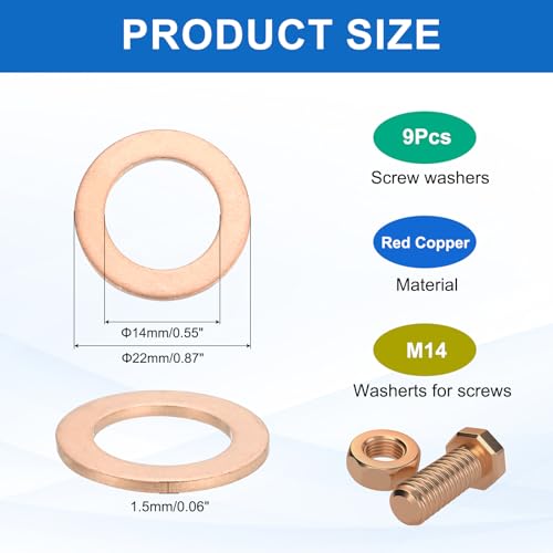 MECCANIXITY 9Pcs Flat Washer, M14 Copper Washers Copper Sealing Ring Crush Washer Kit Assortment, 14mm ID, 22mm OD, 1.5mm Thick for Bolts Screws Machinery Repair - size: 14mmx22mmx1.5mm