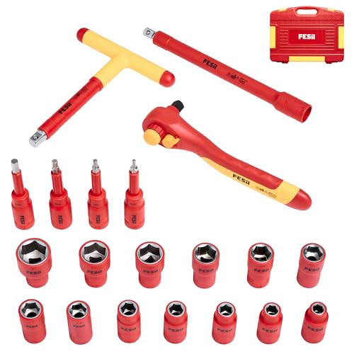 FESA Electrician Insulated Socket Set - 1000V 20-Piece Professional Insulated Ratchet & Socket Wrench Set (1/2" Drive) w/ 4 Hex Bits, T-Handle & Extension - 1000 Volt Insulated Tools for Electricians - style: 1/2" Drive (Storage Case)