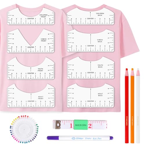 Phinus Tshirt Ruler 8P, White PVC Shirt Measurement Tool for Heat Press, V-Neck/Round T-Shirt Ruler Guide with Soft Tape and Pens for for Alignment, Front and Back Measurement