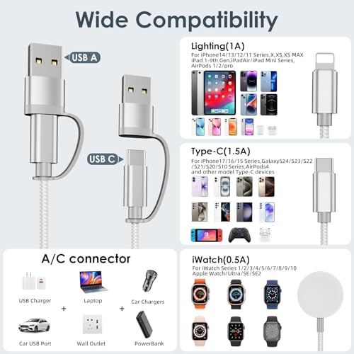 2Pack Travel Essentials,Multi Charging Cable for Apple Watch Charger White - color: White, size: 2pack-4ft