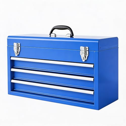 BIG RED ANTBD133-XU Torin 20" Portable Metal Tool Box/Tool Chest with 3 Drawers with Metal Latch Closure for Garage, Home and Workbench,Blue