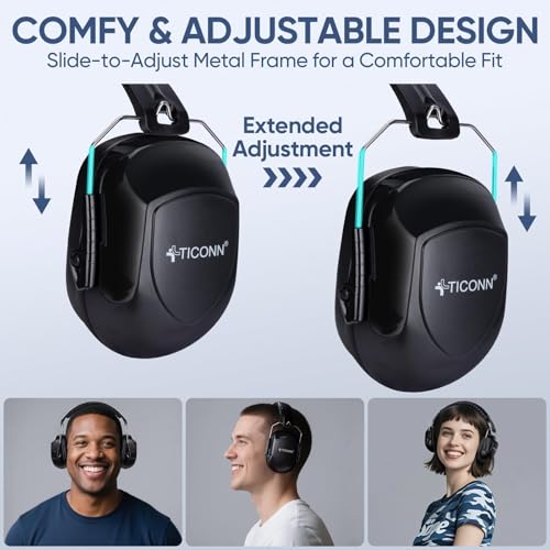 TICONN Noise Cancelling Ear Muffs for Adults, SNR 33dB Hearing Protection, Adjustable Safety Earmuffs for Construction - color: Black
