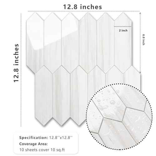 Vamos Tile Glossy Dolomite White Backsplash Tile Peel and Stick, 12.8 x 12.8 Inch 10 Sheets Long Hexagon PVC Self Adhesive Mosaic Wall Tiles Stick on Backsplash for Kitchen and Bathroom - color: Glossy Dolomite White