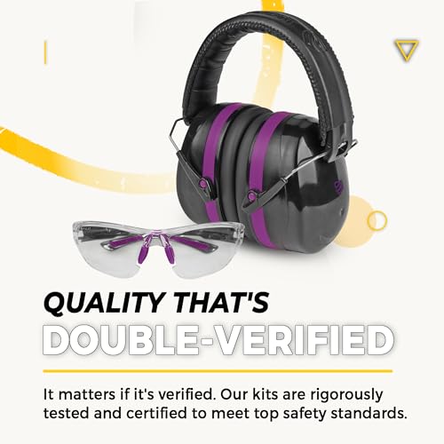 TradeSmart Shooting Ear Protection for Gun Range, NRR 28 Earmuffs & Eyewear - color: Clear Glasses - Purple