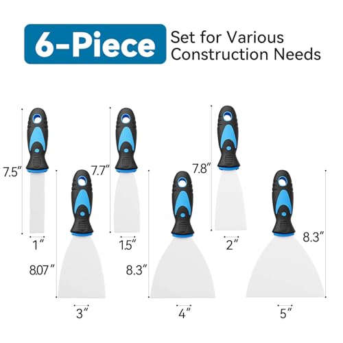 6 Pack Putty Knife Set – Stainless Steel Spackle & Paint Scrapers (1", 1.5", 2", 3", 4", 5") | Flexible Metal Scraper Tools for Drywall Repair, Wallpaper Removal, Plaster & Adhesive