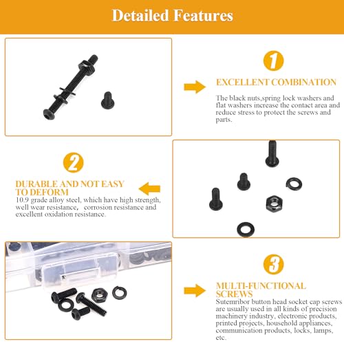 705 Pieces M2 Screws Nuts Washers Set Black, Sutemribor M2 x 4/6/8/10/12/16/20mm Button Head Socket Cap Screws Nuts Washers Assortment Kit, 10.9 Grade Alloy Steel, Fully Threaded - size: M2 x 4/6/8/10/12/16/20mm Kit, style: Button Head