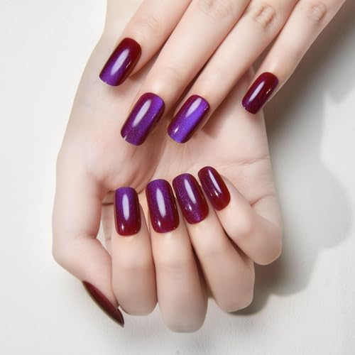 Purple Red Reflective Blue Press On Nails - Cat Eye Medium Square Magnetic Acrylic Fake Nails, Stylish Design, Salon-Quality Shiny Finish, Reusable Stick On Nails Kit for Women (No Glue) - color: ZF335, size: 24 pieces (Pack of 1)