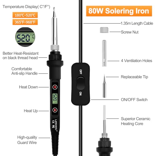 80W LCD Soldering Iron Kit Adjustable Temp 180-520℃ Precision Soldering Gun | 15s Fast Heating Electronics Soldering Kit with 50g Solder Wire, Flux, 5 Soldering Tips, Desoldering Pump, Stand, Tweezers