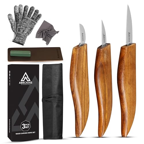 ABECIOUS Premium Wood Carving Tools 8 PCS - Wood Carving Knife, Wood Whittling Kit Includes Cut Resistant Gloves for Wood Carving, Rust-Free High Carbon Steel Wood Carving Knives with Rosewood Handle.