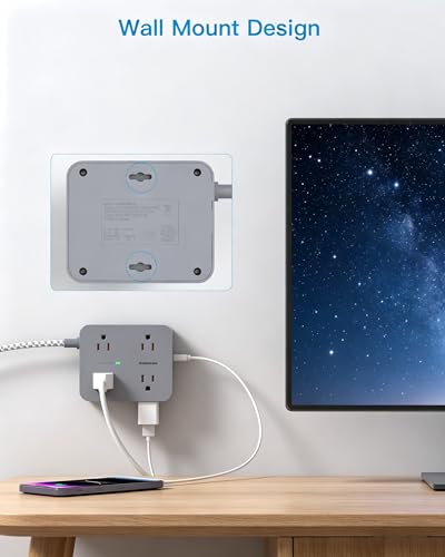 HANYCONY 6Ft Surge Protector Power Strip USB C, 1080J, 8 Outlet Extender - color: Gray, size: 6ft
