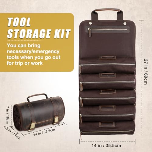 Leather Tool Bag Genuine Leather Tool Roll Bag Rolling Up Tool Bag with 6 Pockets Heavy Duty Roll Up Bag Organizer for Motorcycle Mechanic Electrician Woodworker Hobbyist"