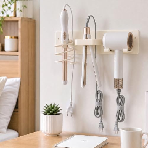 Hair Dryer Holder Wall Mount No Drill, 3 in 1 Curling Iron Holder & Flat Iron Holder, Heat Resistant Bathroom Hair Tool Organizer, White - style: Hook style