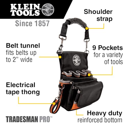 Klein Tools 5242 Tool Pouch, Tradesman Pro tool Pouch with Electrical Tape Thong, Reinforced Bottom, 9 Pockets - style: 9-Pocket Pouch