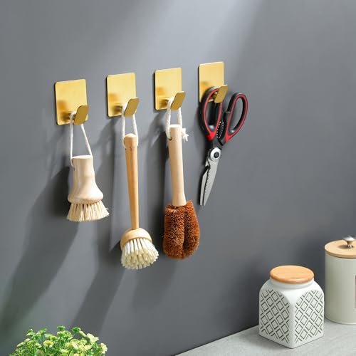 DELITON Gold Towel Hooks- 4 Pack Adhesive Hook for Coat Robe Clothes Stick on Bathroom Wall Brushed Gold Finish Heavy Duty, Stainless Steel - color: Gold-4