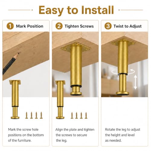 Adjustable Furniture Legs 4 Pack, 7.1 to 11.8 Inch Gold Metal Telescopic Legs with Screws, Height Adjustable Sofa Legs Bed Frame Support Legs for Couch, Cabinet, Table, TV Stand