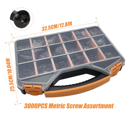 3000PCS Metric Screw Assortment, M2 M3 M4 M5 Screw Assortment, Metric Machine Screws Kit, Hex Button Head Cap Screws and Nuts & Washers Kit, Screw & Bolt Assortment Sets, Grade 10.9 Black Alloy Steel