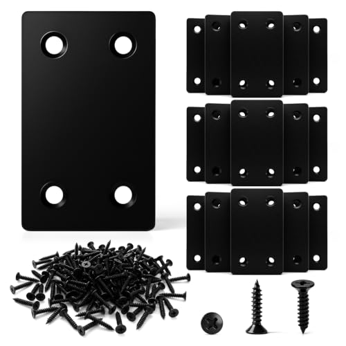 16 Pcs Metal Flat Straight Brace Brackets, Black Flat Stainless Steel Mending Plates for Wood Tables, Cabinets, Furnitures, Fences, 2.4 x 1.5 Inch Joining Fixing Brackets