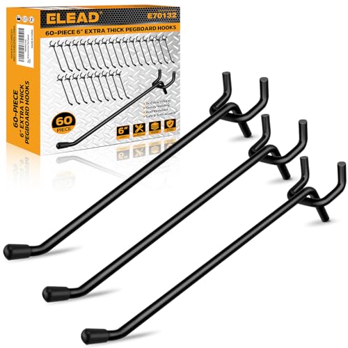 ELEAD 60-Piece 6 Inch Extra Thick Pegboard Hooks, Heavy Duty Peg Board Organizer Accessories, Peg Board Tool Hangers Fit for 1/4" Pegboard Hanging Tools Garage, Workshop, and Craft Storage - style: 60-Piece 6 Inch extra thick