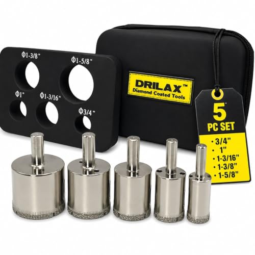 Drilax 5-Pc Diamond Hole Saw Set with Guide & PU Case | for Glass, Tile, Granite & Countertops | Includes 3/4", 1", 1-3/16", 1-3/8", 1-5/8" Bits - style: 5 Pcs Set 3/4" to 1-5/8"