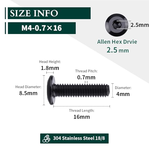M4-0.7 x 16mm (100 pcs) Black Hex Socket Head Cap Screws, 304 Stainless Steel 18/8, Furniture Bolts, Connector Screws for Furniture, Black Oxide Finish, Full Thread, Hex Spanner Wrench Included - size: M4-0.7 x 16mm