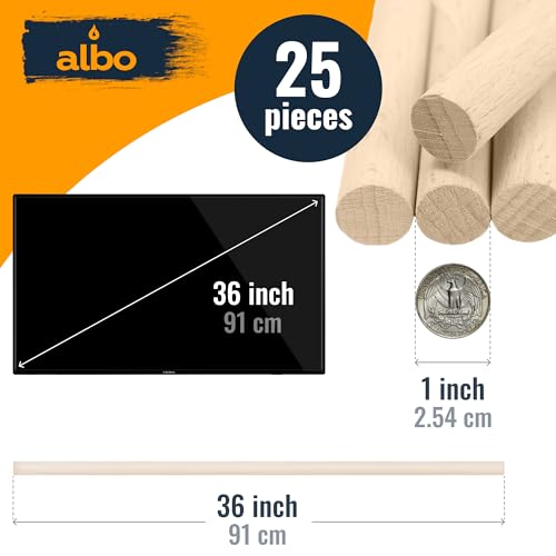 Albo 1" x 36" Wooden Dowel Rods Set - 25 Pack Birch Natural Long Craft Sticks Woodworking Furniture Garden Structures Hardwood Sanded Smooth Railings Supports Decor Crafts DIY Projects - size: 1" x 36" 25 Pcs
