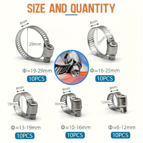 50-Piece Stainless Steel Hose Clamp Assortment Kit, T-Bolt Worm Gear Clamps, 1/4" to 1-1/8" Inch Size Range, for Fuel Oil Air Water Lines, Silver