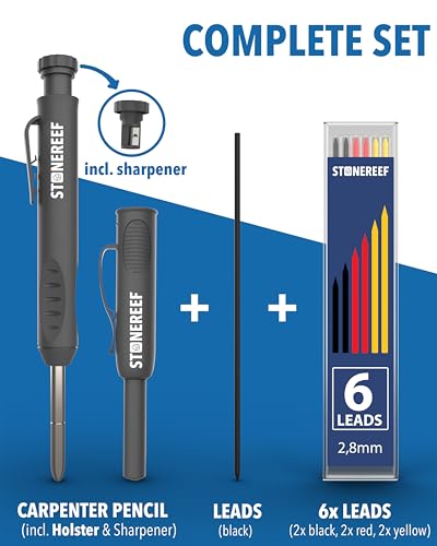 Carpenter Pencil Set with Sharpener & 7 Refills – Deep Hole Marker Mechanical Pencil for Wood, Metal & Plastic – Durable Woodworking Marking Tool