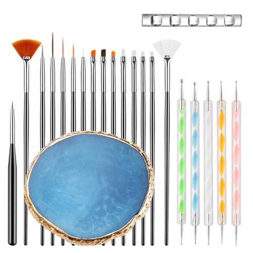 Nail Art Brush 22-Piece Set, 2-Way Acrylic Silicone Engraving Pen Dotting Pen Tools Nail Art Kit, Resin Nail Art Palette, For Nail Art DIY Home Salon Makeup Display Board (Blue) - color: blue