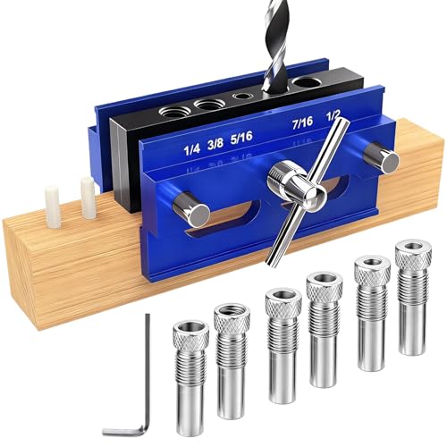 Self Centering Doweling Jig Kit, Drill Jig For Straight Holes Biscuit Joiner Set With 6 Drill Guide Bushings, Adjustable Width Drilling Guide Power Tool Accessory Jigs (L)