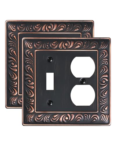 2-Pack Paisley Pattern Metal Combo Toggle/Duplex Light Switch Cover Plate | Decorative Wall Outlet Cover Plate, 2 Gang Metal Wall Plates for Electrical Outlets, Light Switch, Aged Bronze - color: Aged Bronze, size: 1 Toggle/1 Duplex 2PK