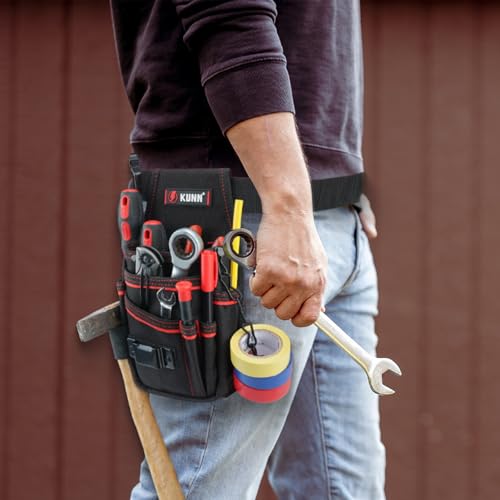 KUNN Electrician Tool Pouch with Belt Clip - 7-Pocket Lightweight Small Tool Belt Pouches for Carpenters, Technicians, HVAC - Heavy Duty Multi-Pocket Organizer for Construction, Maintenance, DIY Tools - color: Red