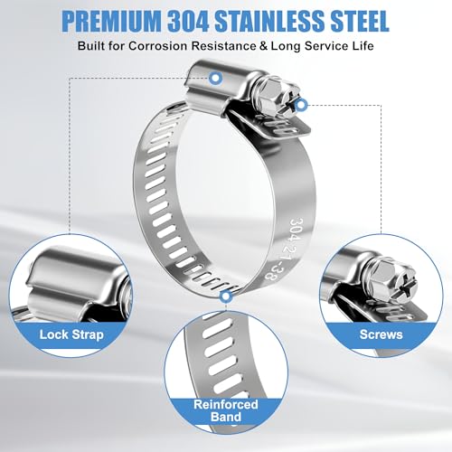 50-Piece 304 Stainless Steel Worm Gear Hose Clamp Assortment 1/4" to 1-1/2" (6–38mm) | Adjustable Pipe Clamps for Plumbing, Automotive, Marine & HVAC | DIY, Home & Garden Use