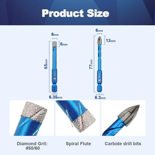 Diamond Drill Bit - BRSCHNITT 1/4 inch Masonry Drill Bits Set for Porcelain Tile Ceramic Stone Granite Marble,Hex Shank Diamond Hole Saw Drill Bit(5pcs/Pack). - size: 6/6/6/6mm+6mm