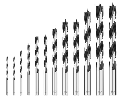 12Pcs (1/8" - 1/2") Brad Point Wood Drill Bit Set - size: Round Shank (1/8"-1/2") - 12pcs