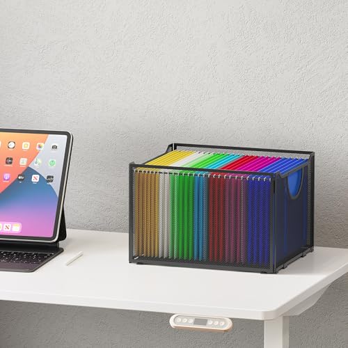 EasyPAG Hanging File Folders Organizer, Black Mesh Filing Crate, Stackable File Folder Storage Box, Desktop Document Holder for Letter Size Papers