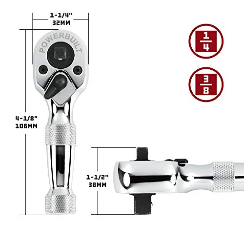 Powerbuilt Stubby Ratchet, Dual Head Ratchet, 1/4 Inch and 3/8 Inch Drive, Reversible Switch, 72 Tooth, Small Tight Space - 640931 - style: 1/4" and 3/8" Dual Head