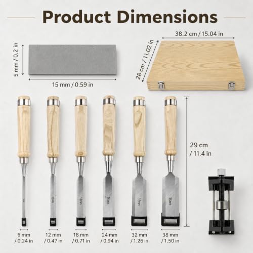 8 Pcs Wood Chisel Set for Woodworking, CR-V Steel Wood Carving Chisels Kit (1/4" to 1-1/2") with Sharpening Stone & Honing Guide, Professional Carpentry Hand Tools in Wooden Box