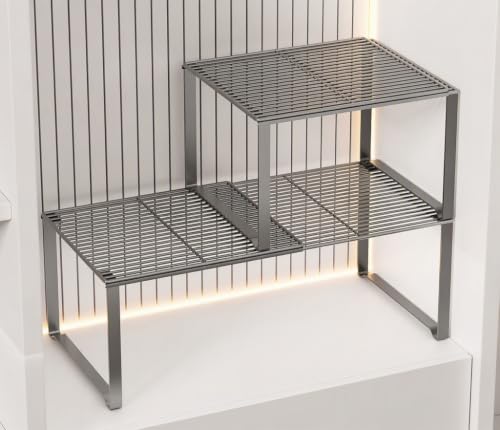 Extendable Metal Wire Shelf Organizer - Adjustable 15-24.4in Length, Stackable Storage Rack for Kitchen/Pantry/Bathroom/Shoe Cabinet/Tool Closet (Gunmetal, 2 Pack) - color: Gunmetal, size: 2 Pack