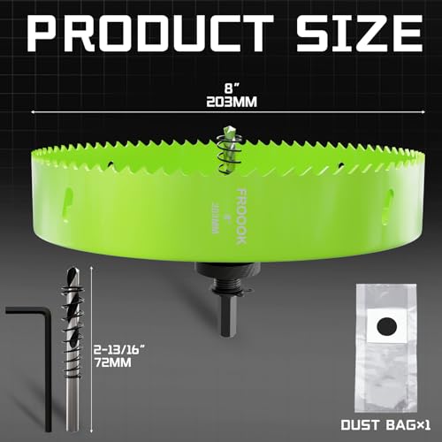 8'' (203mm) Bi-Metal Hole Saw with Arbor - Multi-Material Cutting Kit for Thin Iron, Wood & Drywall - High-Speed Steel Teeth with Smooth Cutting Edge,Fast Chip Removal &Bonus Dust-Proof Bag - size: 8" (203mm)