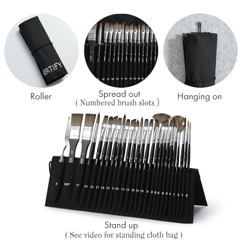 ARTIFY 25 Pieces Professional Paint Brush Set – Expert Series Synthetic Nylon Brushes for Acrylic, Oil, Watercolor, Gouache – No Shedding, Canvas Roll Case & Palette Knife, Artist Gifts Art Supplies - color: Black