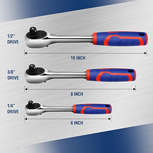 WORKPRO 3-Piece Ratchet Set, 1/4", 3/8", 1/2" Drive Ratchet Wrench - size: 3-Piece Set: 1/4", 3/8", 1/2"