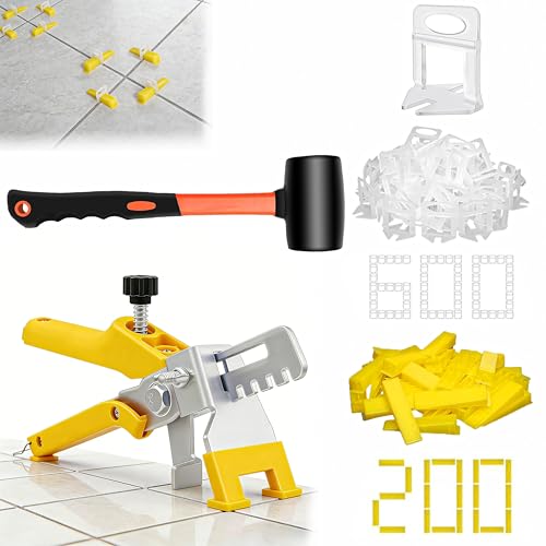 Tile Leveling System with Tile Pliers and Hammer, 600 Piece Tile Spacers 1/8 Inch Tile Clips and 200 Piece Reusable Wedges Tile Leveling Tools for Tiles and Stone Installation