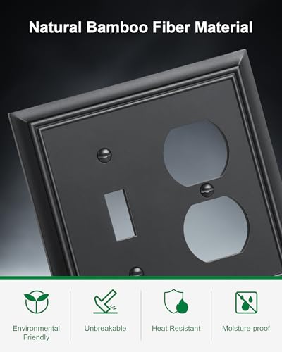 2-Pack Natural Bamboo Fiber Combo Toggle/Duplex Light Switch Cover Plate - color: Matte Black, size: 1 Toggle/1 Duplex 2PK