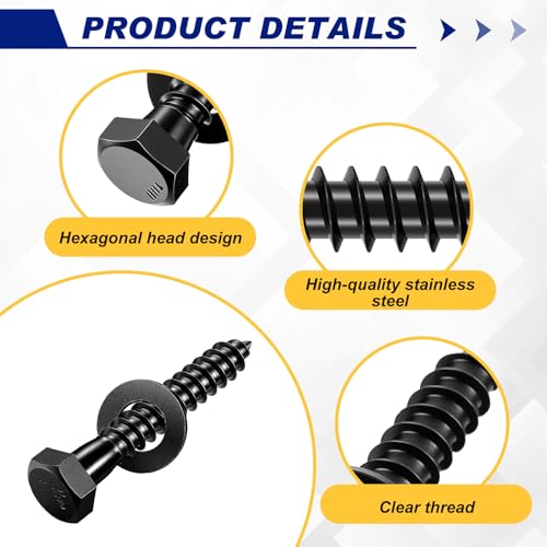 Zonon 50 Pcs 5/16-18 x 2" Hex Head Lag Bolts Screws with Washers, Black - color: Black, size: 5/16-18 x 2"