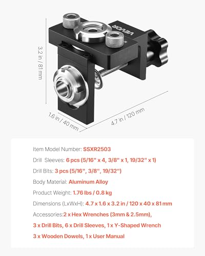 VEVOR Doweling Jig Kit, Self Centering Dowel Drill Jig for Straight Holes, Aluminum Alloy Woodworking Joints Tool with 3 Size Drill Bits 5/16", 3/8", and 19/32", Adjustable Width, for Wood Working - size: Ultra, style: Doweling Jig